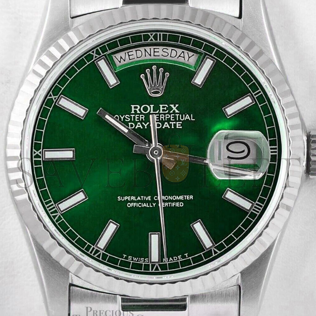 R*l*x day-date 18k white gold - green stick dial watch 118239